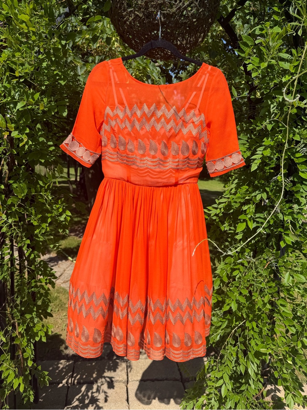 Tracy Reese Bright Orange Embroidered Fit-and-Flare Mini Dress